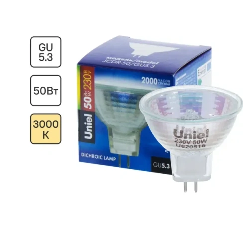 Лампа галогенная Uniel GU5.3 50 Вт свет тёплый белый UNIEL JCDR-50/GU5.3 картон