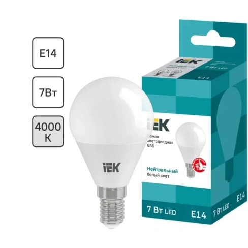 Лампа светодиодная IEK G45 Шар E14 7 Вт 4000К свет холодный белый LLE-G45-7-230-40-E14