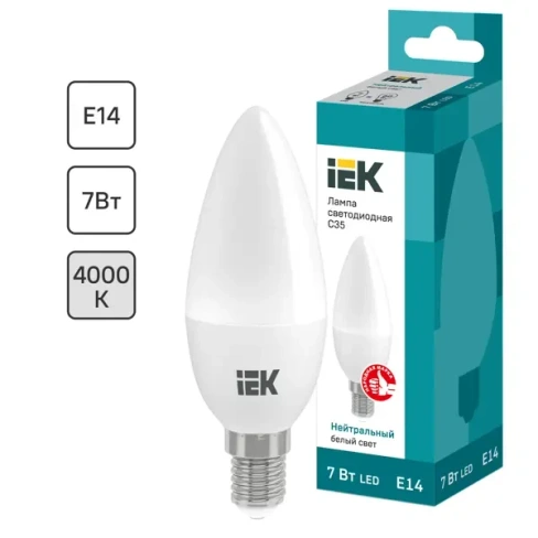 Лампа светодиодная IEK C35 Свеча E14 7 Вт 4000К свет холодный белый LLE-C35-7-230-40-E14
