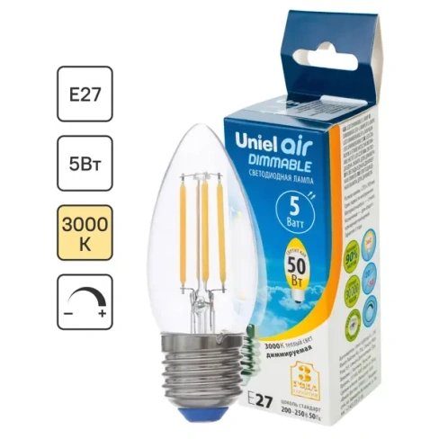 Лампа светодиодная филаментная Airdim форма свеча E27 5 Вт 500 Лм свет тёплый UNIEL None