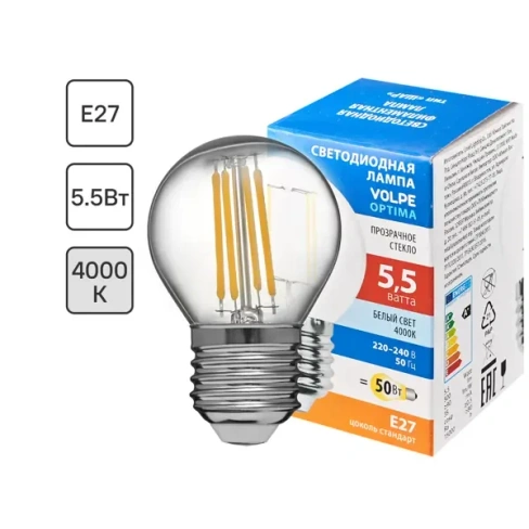 Лампа светодиодная Volpe E27 210-240 В 5.5 Вт шар малый прозрачная 500 лм нейтральный белый свет VOLPE None