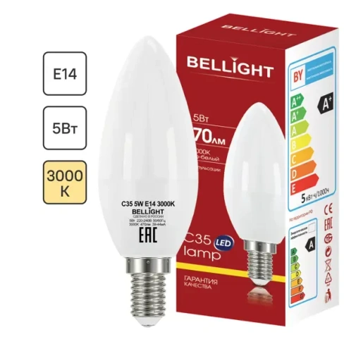 Лампа светодиодная Bellight Е14 свеча 5 Вт 470 Лм теплый белый свет BELLIGHT Л-па LED Свеча Е14 5W 470Lm т-бел Bellig