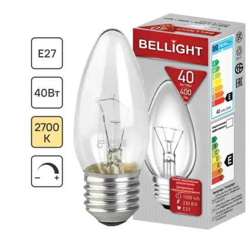 Лампа накаливания Bellight Е27 230 В 40 Вт свеча 400 лм теплый белый цвет света для диммера BELLIGHT B35 CL 230V 40W E27