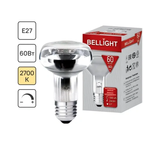 Лампа накаливания Bellight Е27 230 В 60 Вт спот 960 лм теплый белый цвет света для диммера BELLIGHT R63 230V 60W E27