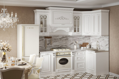 Кухонный гарнитур Монако угловая 2,40х1,20 Белый Серебро Паладина светлая 38 мм
