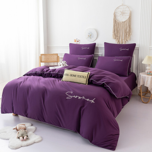 Комплект постельного белья Однотонный Сатин Вышивка на резинке CHR027 СИТРЕЙД двуспальный наволочки 50x70 2 шт