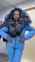 Голубой зимний костюм с мехом чернобурки - парка на кулиске и теплые штаны - 40-42