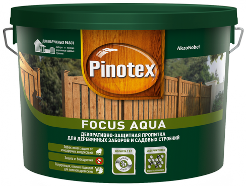 Пинотекс Фокус Аква защитная пропитка для деревянных заборов и садовых стро Pinotex