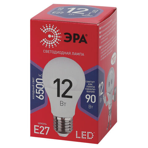 Лампа светодиодная ЭРА 1290Вт цоколь Е27 груша холодный белый 25000 ч LED A60-12W-6500-E27 Б0045325