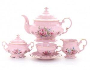 Чайный сервиз 6 персон 15 предметов, Цветы, Розовый фарфор Соната 07260725-0013, Leander