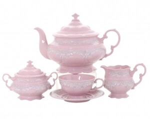 Чайный сервиз 6 персон 15 предметов, Серый узор, Розовый фарфор Соната 07260725-3002, Leander