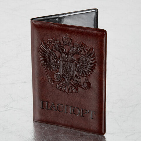 Обложка для паспорта STAFF полиуретан под кожу ГЕРБ коричневая 237604