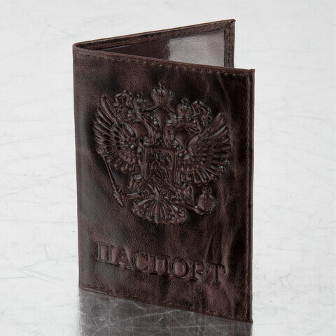 Обложка для паспорта натуральная кожа пулап 3D герб + тиснение ПАСПОРТ темно-коричневая BRAUBERG 238194