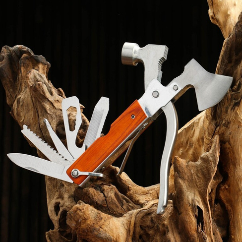Мультитул 8в1 в чехле, рукоять дерево(топор, молоток, отвертки, ножи) Мастер К