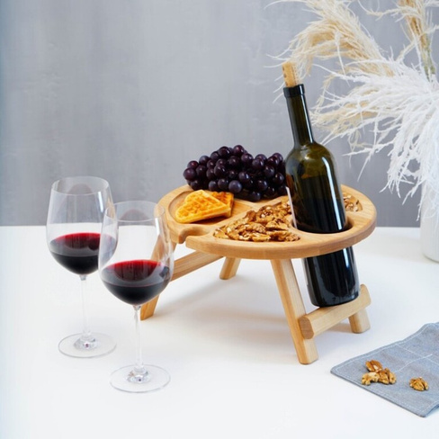 Столик - поднос для вина adelica, с менажницей и складными ножками, на 2 персоны, d=32×1,8 см, береза Adelica