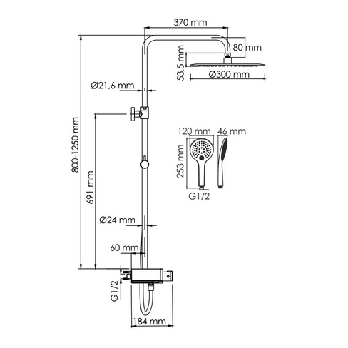 Душевая система для ванны WasserKRAFT (A113.116.155.CH Thermo) с термостатом