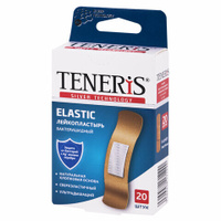 Набор пластырей 20 шт. TENERIS ELASTIC, эластичный, на тканевой основе, бактерицидный с ионами серебра, коробка с европо