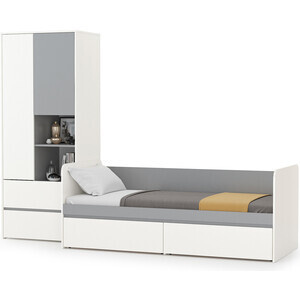 Модульная система для детской Моби Торонто 11.39 Кровать + 13.333 Шкаф для одежды, цвет белый шагрень/стальной серый, 80